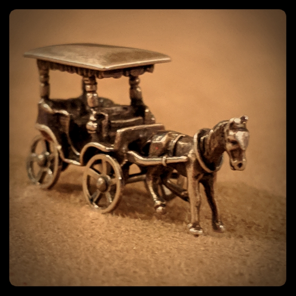 Sterling charm antique horse & carriage signed